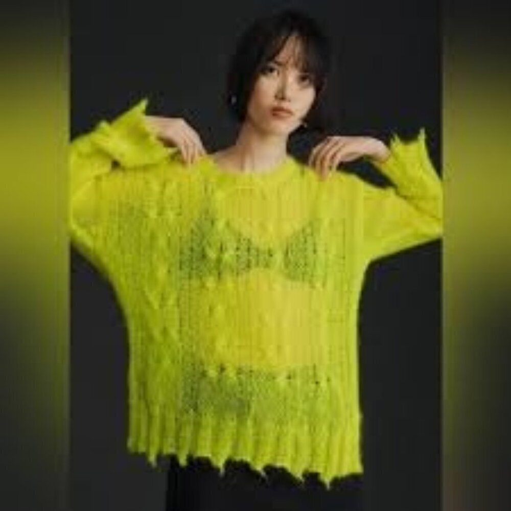 Anthropologie neon the posey stichy distressed wool knit blend sweater size M
